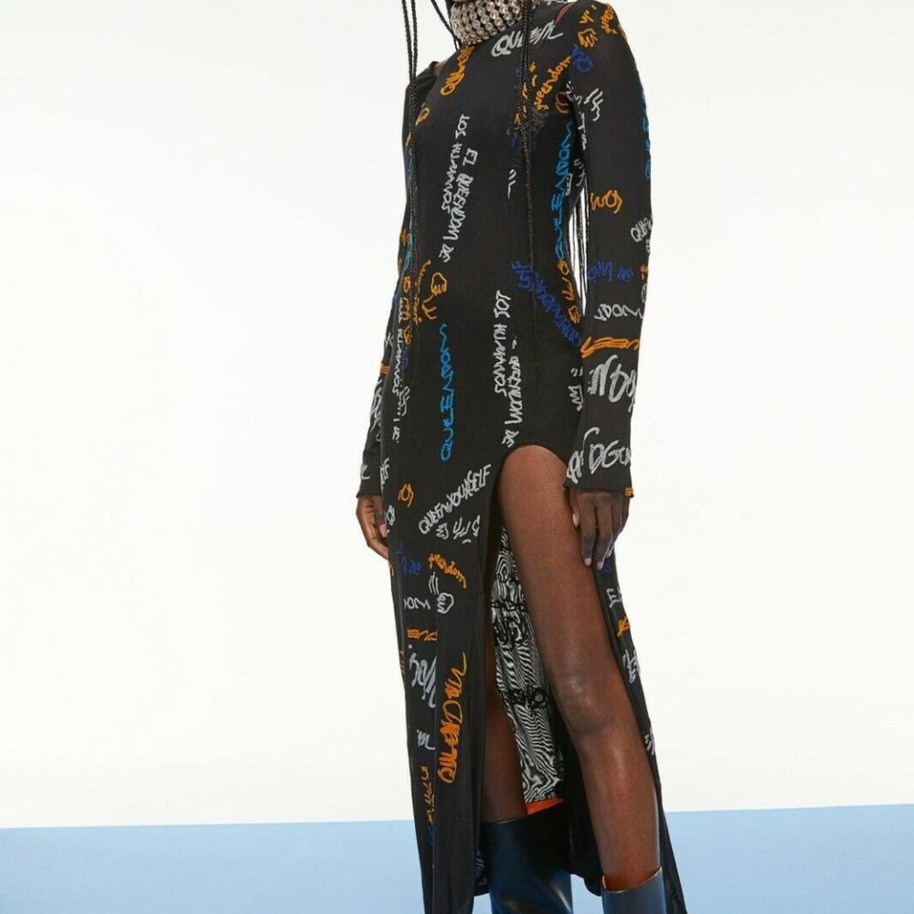 H&M STUDIO S (M) / M (L) LONG MESH DRESS Embroidered Text Cut Out Details